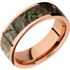 14K Rose Gold 7mm flat band with a 5mm inlay of Mossy Oak Break Up Infinity Camo