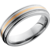 Titanium 6mm flat band with rounded edges and an inlay of 14K rose gold with reverse milgrain detail on either side