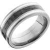 Titanium 8mm flat band with a 3mm inlay of black Carbon Fiber and 2, 1mm inlays of Sterling Silver