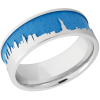 Cobalt chrome 8mm flat band with a laser-carved New York skyline featuring Sea Blue Cerakote in the recessed pattern