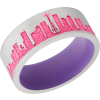 Cobalt chrome 8mm flat band with a laser-carved New York skyline featuring Pink Cerakote in the recessed pattern and Bright Purple Cerakote on the sleeve