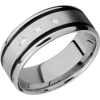Cobalt chrome 9mm beveled band with black Cerakote in grooves and 3, .05ct flush-set diamonds