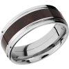 Cobalt chrome 8mm flat band with grooved edges, reverse milgrain detail and an inlay of Wenge hardwood