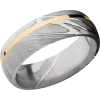 Handmade 7mm Damascus steel band with an off center inlay of 14K yellow gold