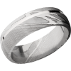 Handmade 7mm Damascus steel band with an off center inlay of sterling silver