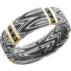 Handmade 7mm zebra Damascus steel band with 5 vertical inlays of 14K yellow gold and 15, .04ct channel-set black diamonds