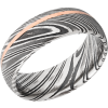 Handmade 8mm woodgrain Damascus steel band with an off center inlay of 14K rose gold