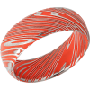 Woodgrain Damascus steel 8mm domed band beveled edges and Hunter Orange Cerakote in the recessed pattern