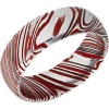 Woodgrain Damascus steel 8mm domed band beveled edges and red Cerakote in the recessed pattern