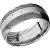Handmade 9mm Woodgrain Damascus steel band with an inlay of authentic Gibeon Meteorite