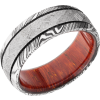 Handmade 8mm Damascus steel domed band with an inlay of authentic Gibeon meteorite and a hardwood sleeve of Padauk
