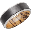 Zirconium 8mm flat band with grooved edges and a hardwood sleeve of Spalted Tamarind