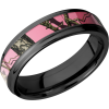 Cobalt chrome 6mm flat band with grooved edges and a 3mm inlay of Mossy Oak Pink Break Up Camo