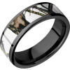 Cobalt chrome 7mm flat band with a 5mm inlay of Mossy Oak Winter Break Up Camo
