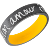 Zirconium 7mm flat band with slightly rounded edges and a laser-carved handwritten message with a yellow Cerakote sleeve