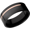 Zirconium 8mm flat band with an off center inlay of 14K rose gold