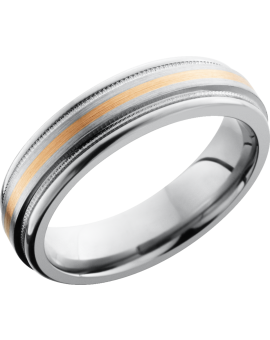 Titanium 6mm flat band with rounded edges and an inlay of 14K rose gold with reverse milgrain detail on either side