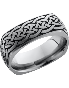 Titanium 8mm domed square band with a laser-carved celtic pattern