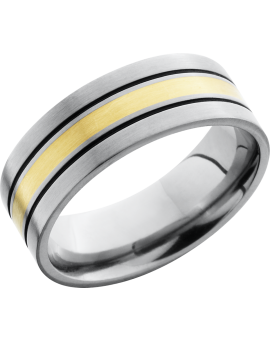 Titanium 8mm flat band with an inlay of 14K yellow gold and Cerakote filled grooves on either side