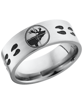 Titanium 8mm flat band with a laser-carved elk target and elk track pattern