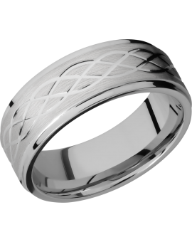 Titanium 8mm flat band with grooved edges and a laser-carved celtic pattern