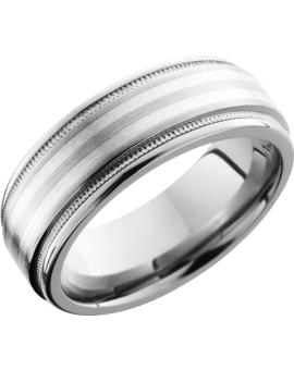 Titanium 8mm flat band with rounded edges and 2, 1mm inlays of sterling silver