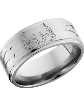 Titanium 9mm flat band with grooved edges and a laser-carved deer track pattern with Cerakote in the pattern recesses