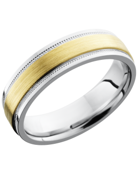 Cobalt chrome 6mm flat band with grooved edges and a 3mm inlay of 14K Yellow Gold