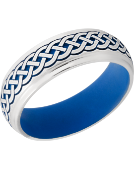 Cobalt chrome 7mm domed band with grooved edges a laser-carved Celtic pattern featuring Royal Blue Cerakote