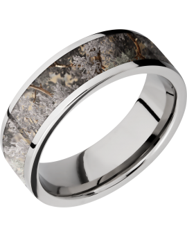Cobalt chrome 7mm flat band with a 5mm inlay of Kings Desert Camo