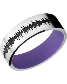 Cobalt chrome 7mm flat band with a laser-carved personalized soundwave and a Bright Purple Cerakote Sleeve