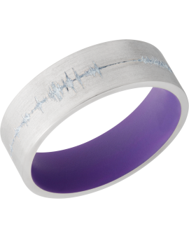 Cobalt chrome 7mm flat band with a laser-carved personalized soundwave and a Bright Purple Cerakote Sleeve