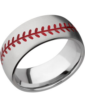 Cobalt chrome 8mm domed band with laser-carved baseball stitching and red Cerakote