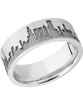Cobalt chrome 8mm flat band with laser-carved Chicago skyline