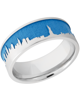 Cobalt chrome 8mm flat band with a laser-carved New York skyline featuring Sea Blue Cerakote in the recessed pattern