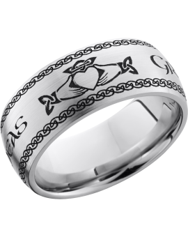 Cobalt chrome 9mm domed band with a laser-carved Claddagh pattern