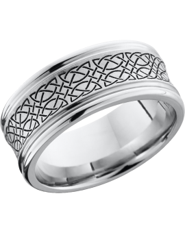 Cobalt chrome 9mm concave band with rounded edges and a laser-carved Celtic pattern