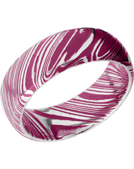 Woodgrain Damascus steel 8mm domed band beveled edges and pink Cerakote in the recessed pattern
