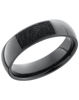 Zirconium 6mm domed band with a laser-carved fingerprint