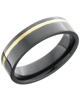 Zirconium 6mm flat band with an off center inlay of 14K yellow gold