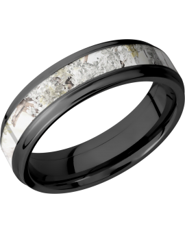 Zirconium 6mm flat band with grooved edges and a 3mm inlay of Kings Snow Camo