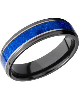 Zirconium 6mm flat band with grooved edges and a mosaic inlay of Lapis