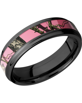 Cobalt chrome 6mm flat band with grooved edges and a 3mm inlay of Mossy Oak Pink Break Up Camo
