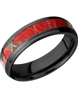 Zirconium 6mm flat band with grooved edges and a 3mm inlay of Realtree APC Red Camo