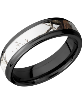 Zirconium 6mm flat band with grooved edges and a 3mm inlay of Realtree APC Snow Camo