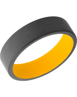 Zirconium 6mm flat band with slightly rounded edges and a Dewalt Yellow Cerakote sleeve