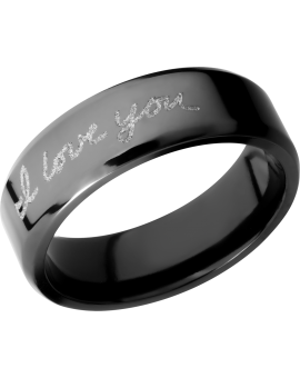Zirconium 7mm beveled band with a laser-carved handwritten message