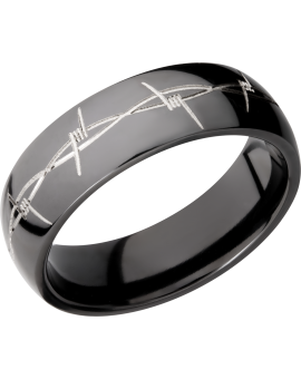 Zirconium 7mm domed band with a laser-carved barbed wire pattern