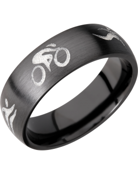 Zirconium 7mm domed band with a laser-carved triathlon pattern