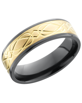 Zirconium 7mm flat band with a laser-carved celtic pattern in an inlay of 14K yellow gold